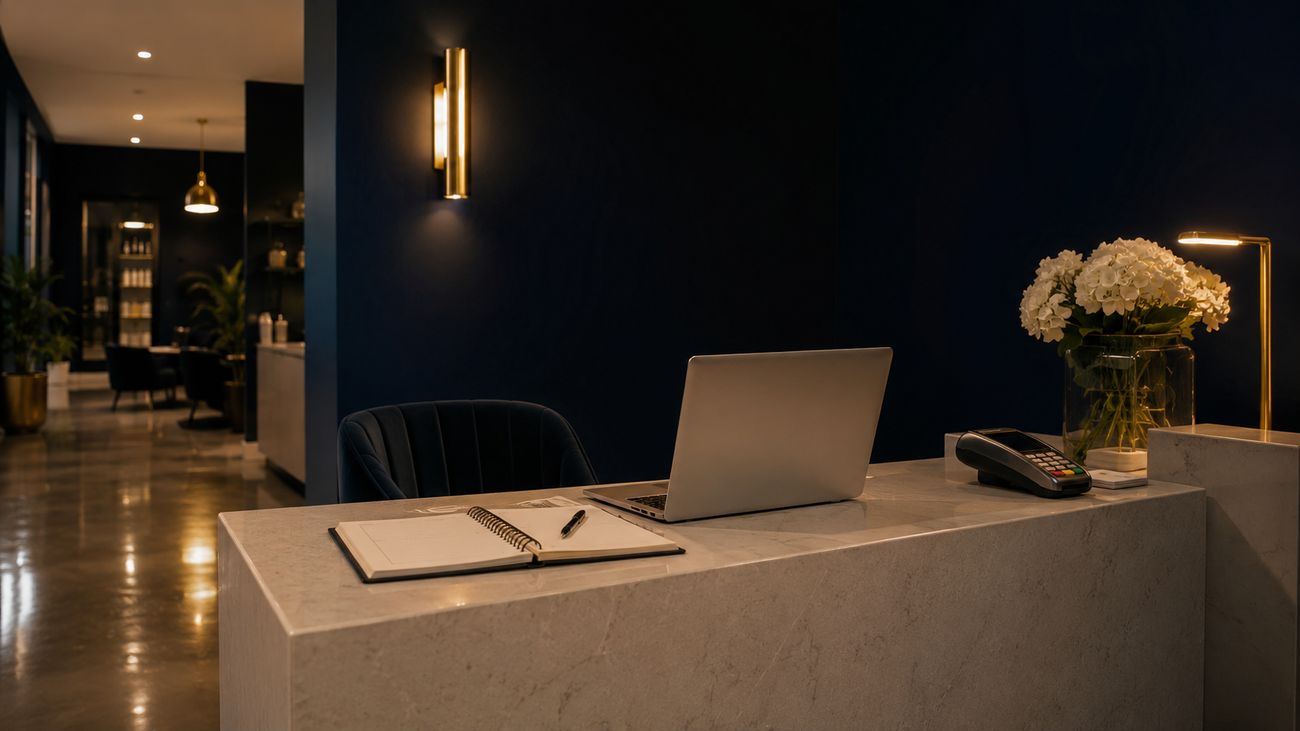 Virtual assistant handling clinic admin at a clinic reception desk