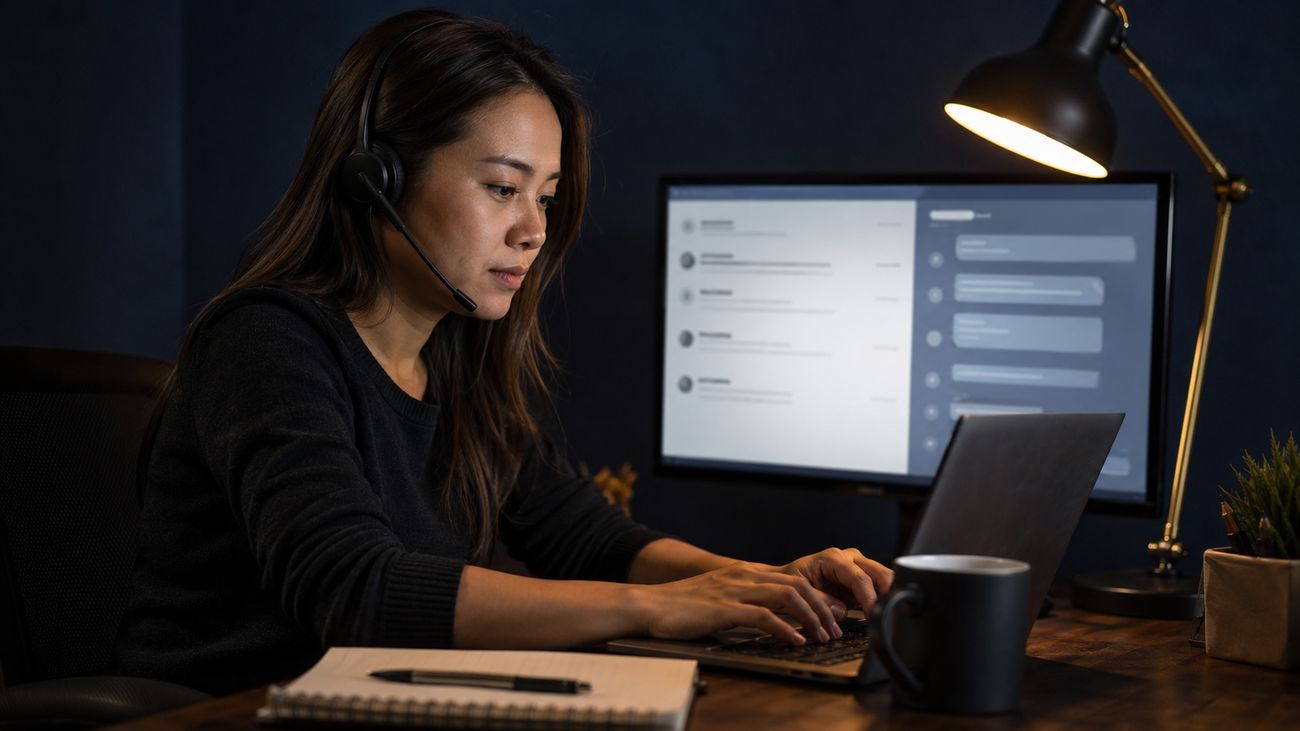 Virtual assistant answering customer messages on WhatsApp and email