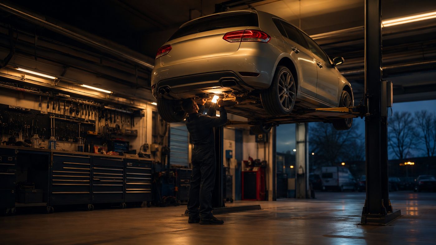 Mechanic working underneath a car raised on a two-post lift in a UK garage workshop