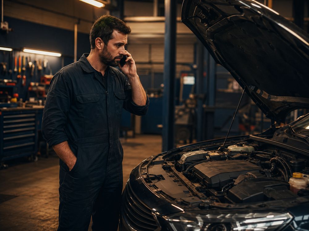 Mechanic taking a customer call while working on a car with the bonnet open
