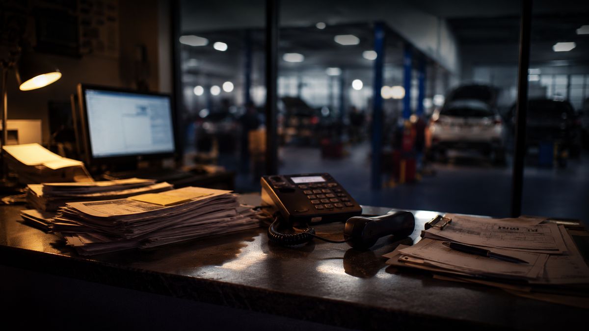 Garage reception desk with the phone off the hook and paperwork piled up