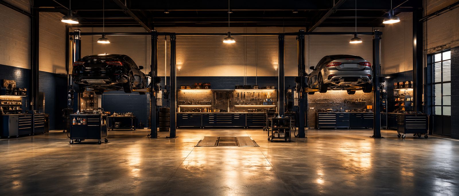 Modern independent car garage workshop with vehicles raised on two-post lifts