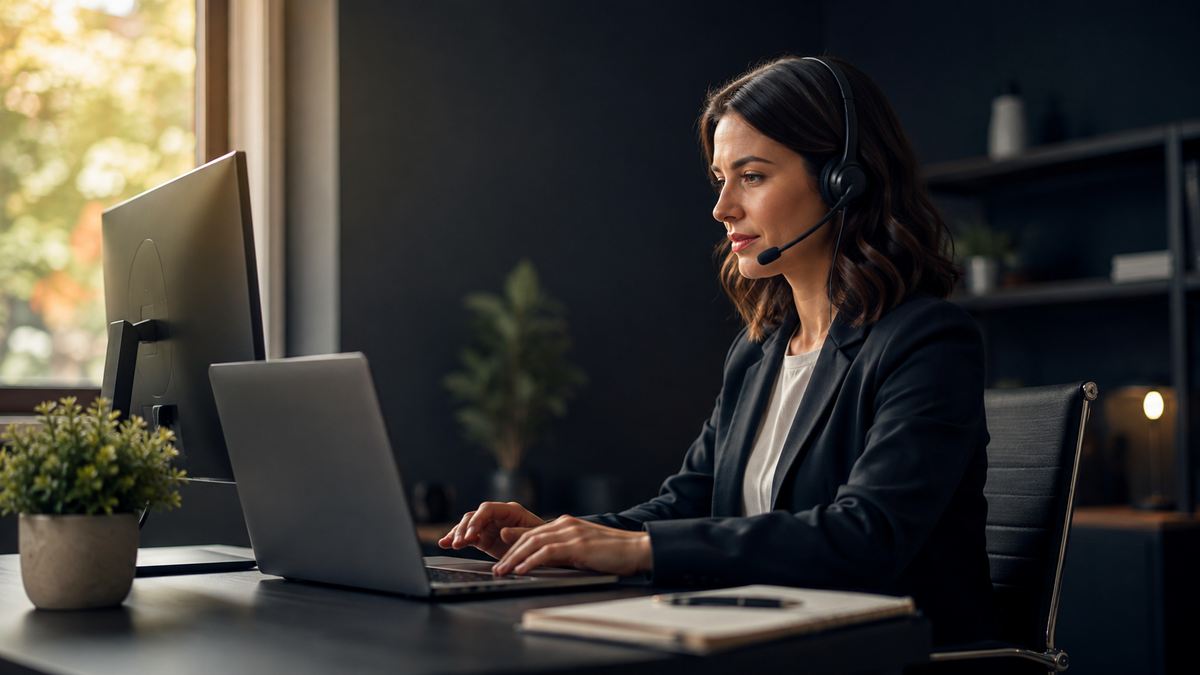 A virtual assistant working at a desk with a headset, managing a client inbox