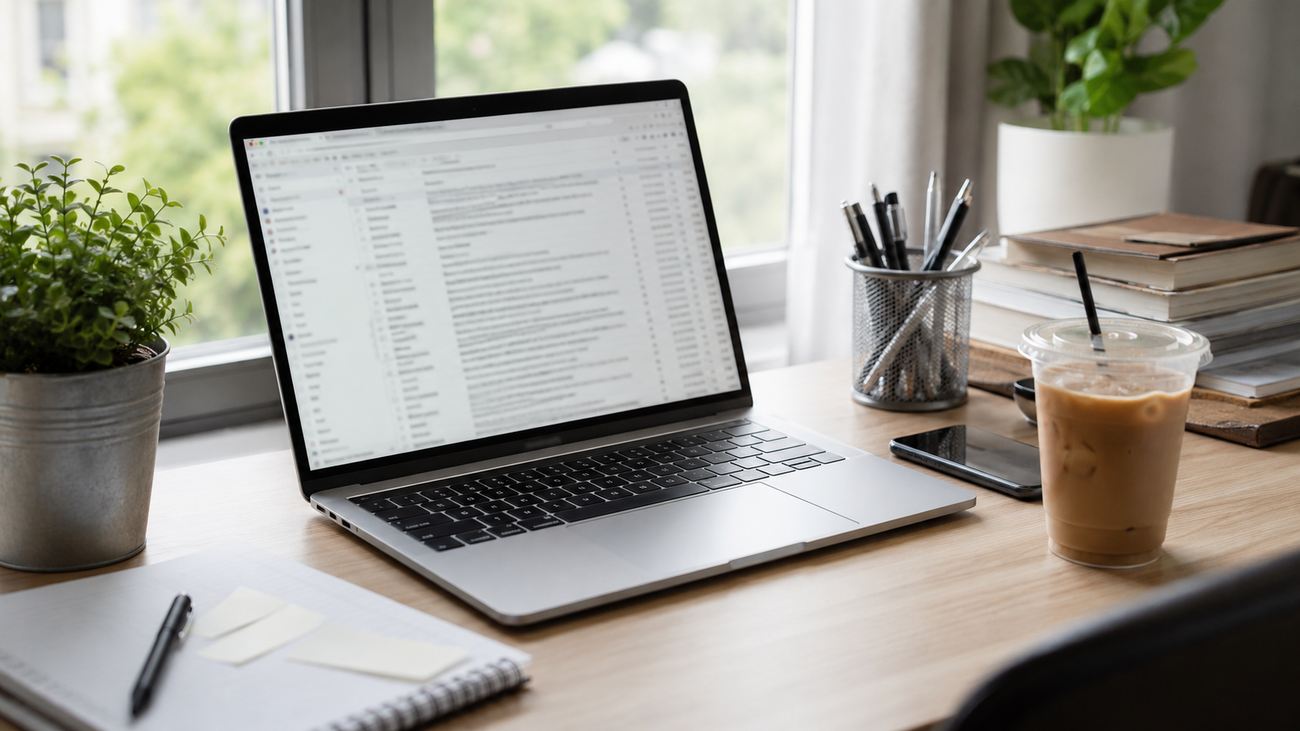 A business inbox open on a laptop at a tidy desk