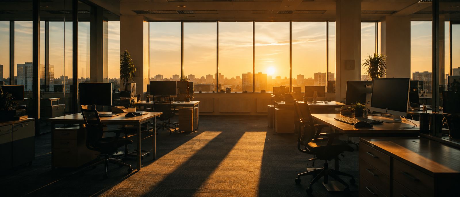 A quiet modern office at sunrise before the working day begins