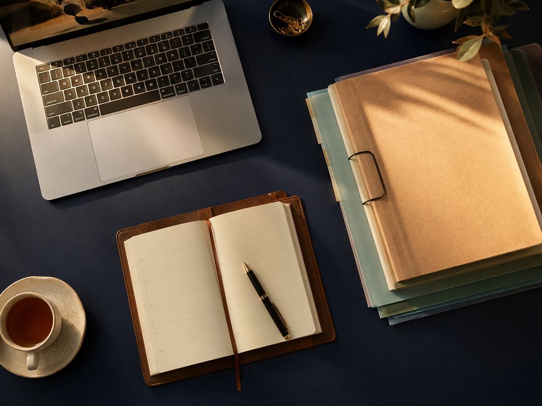 An organised desk with labelled folders, planner and laptop