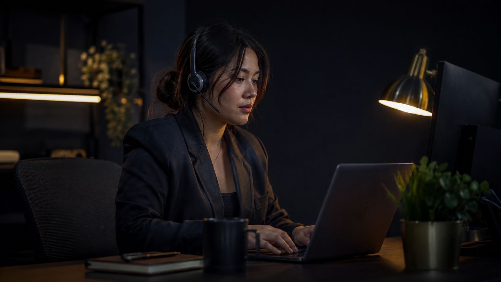 A quiet modern workspace at dusk
